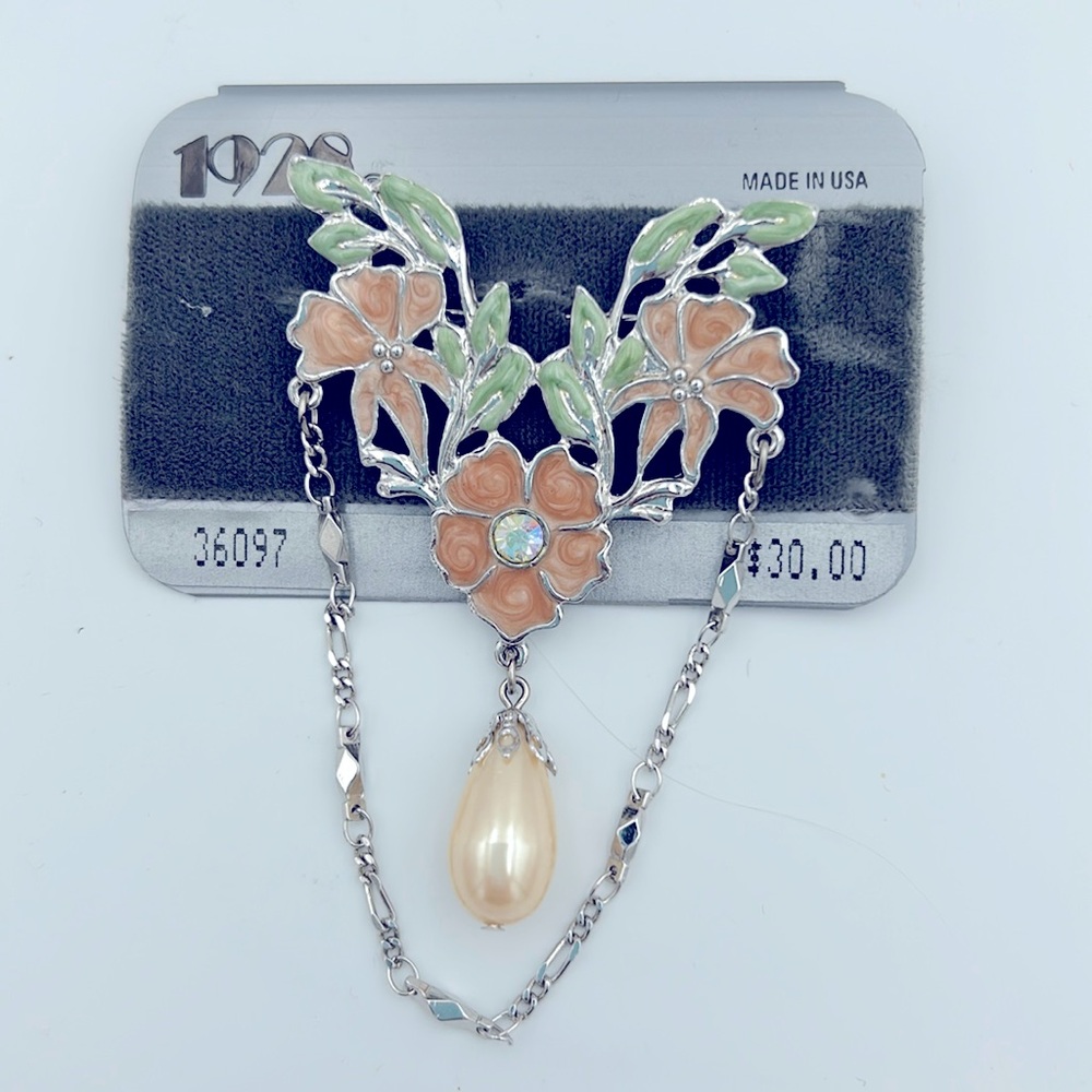 Vintage 1928 Jewelry Co Floral Enamel Brooch | Pearl Drop Draped Chain NWT